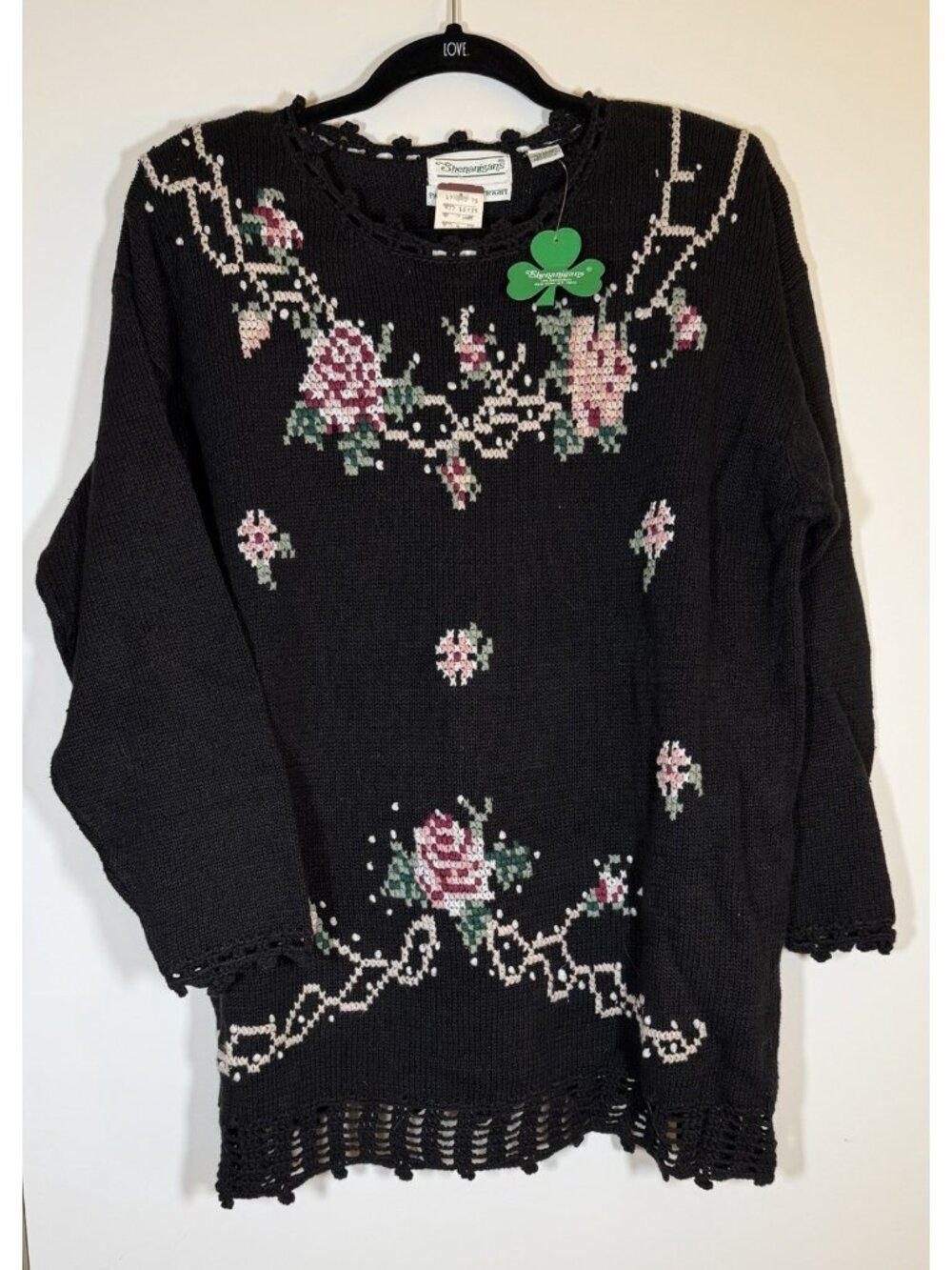 NEW Deadstock Vintage 90s Shenanigans black floral crochet tunic sweater L